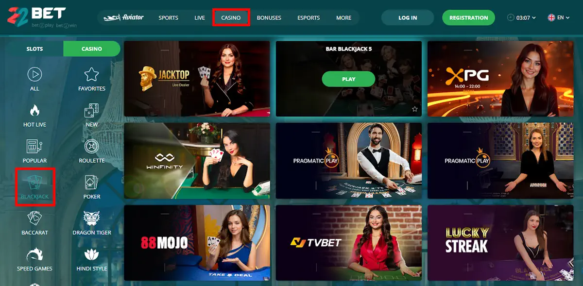 Blackjack on 22Bet Screenshot